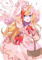 Rule 34 | 1girl, :d, absurdres, bad id, bad pixiv id, basket, blonde hair, blue eyes, blunt bangs, blush, bow, bowtie, capelet, cherry blossoms, fairy wings, falling petals, flower, hair bow, hair flower, hair ornament, hat, highres, lily white, long hair, long sleeves, looking at viewer, open mouth, outstretched arm, petals, pink capelet, pink hat, pink wings, red bow, red bowtie, sidelocks, smile, solo, throwing petals, touhou, umemaro (siona0908), very long hair, wings