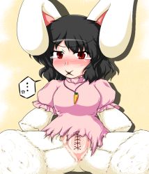Rule 34 | 1girl, amputee, anger vein, angry, animal ears, black hair, blush, body modification, cleft of venus, dress, embarrassed, female focus, groin, humiliation, inaba tewi, infibulation, looking at viewer, miffy, parted bangs, pussy, quadruple amputee, rabbit ears, red eyes, short hair, simple background, sitting, solo, spread legs, stitched mouth, stitches, stuffed animal, stuffed toy, sukedai, tears, torn clothes, torn dress, touhou