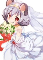 Rule 34 | 1girl, alternate costume, animal ears, blush, bouquet, bow, bridal veil, bride, closed mouth, commentary request, cowboy shot, dress, elbow gloves, flower, frills, gloves, grey hair, hair between eyes, highres, holding, holding bouquet, looking at viewer, mouse ears, nazrin, red bow, red eyes, short hair, simple background, smile, solo, strapless, strapless dress, take no ko (4919400), tiara, touhou, veil, wedding dress, white background, white dress, white flower, white gloves