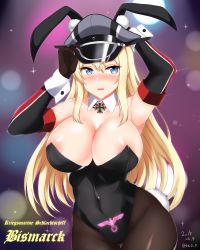 Rule 34 | 1girl, absurdres, animal ears, arms up, bismarck (kancolle), black leotard, black pantyhose, blonde hair, blue eyes, breasts, brown gloves, character name, commentary request, cowboy shot, cross, dated, detached collar, emblem, fake animal ears, german text, gloves, grey hat, hat, highres, ibuki grunt, iron cross, kantai collection, large breasts, leotard, looking to the side, military hat, multicolored background, pantyhose, peaked cap, playboy bunny, rabbit ears, rabbit tail, solo, sparkle, strapless, strapless leotard, tail, thigh gap, twitter username, wide hips, wrist cuffs
