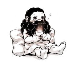 Rule 34 | 1boy, alternate species, bare arms, bare legs, barefoot, beard, blush, cup, dot 8o, dungeon meshi, facial hair, full body, hair slicked back, halfling, holding, holding cup, large ears, long beard, long hair, looking ahead, male focus, monochrome, mustache, nose blush, pillow, robe, senshi (dungeon meshi), senshi (half-foot) (dungeon meshi), simple background, sitting, sleepy, soles, solo, squeans, steam, tea, yunomi