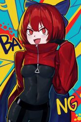 Rule 34 | 1girl, @ @, absurdres, akatsuki records, black bodysuit, blastoisenn, bodysuit, breasts, commentary, contrapposto, covered navel, cropped jacket, fang, gloves, highres, jacket, latex, latex bodysuit, latex gloves, latex suit, open mouth, red eyes, red hair, red jacket, ringed eyes, rock &#039;n&#039; rock &#039;n&#039; beat, sekibanki, skin fang, skin tight, sleeves past wrists, small breasts, smile, solo, symbol-only commentary, touhou, v-shaped eyebrows