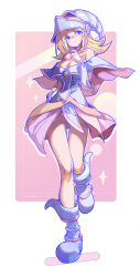 Rule 34 | 1girl, absurdres, bare shoulders, blonde hair, blue dress, blue footwear, blue headwear, blush stickers, boots, breasts, cleavage, commentary, dark magician girl, dress, full body, hair between eyes, hand up, head tilt, highres, huanxiang huifeng, looking at viewer, medium breasts, parted lips, pink background, solo, sparkle, standing, standing on one leg, twitter username, two-tone background, white background, yu-gi-oh!