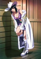 Rule 34 | 1girl, adjusting footwear, black hair, blue eyes, boots, breasts, cleavage, coat, collarbone, commentary request, commission, cowboy hat, crop top, cross-laced footwear, full body, fur-trimmed coat, fur trim, hanadaka moai, hat, highres, knee boots, large breasts, long coat, looking at viewer, medium hair, midriff, nico robin, one piece, pixiv commission, purple shorts, shiny skin, shorts, solo, white coat, white footwear, wooden floor, wooden wall