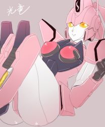 Rule 34 | 1girl, akycoo, ass, breasts, clenched hand, grey background, kouryu, looking at viewer, mecha, no humans, radio antenna, robot, science fiction, sitting, small breasts, smile, solo, yellow eyes, yuusha ou gaogaigar, yuusha ou gaogaigar final, yuusha series