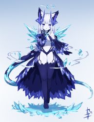 Rule 34 | 1girl, :o, animal ear fluff, animal ears, bare shoulders, black gloves, black sleeves, blue background, blue leotard, blush stickers, breasts, center opening, curled horns, detached sleeves, full body, gloves, gradient background, hand up, highres, horns, ice, kazana (sakuto), leotard, long hair, long sleeves, looking at viewer, no shoes, original, parted lips, purple eyes, purple thighhighs, silver hair, small breasts, snowflakes, solo, standing, standing on one leg, thighhighs, very long hair, white background, wide sleeves