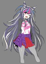 1girl alternate_costume black_choker blue_hair choker clothes_around_waist cowboy_shot cropped_legs danganronpa_(series) danganronpa_2:_goodbye_despair diagonal_bangs grey_background grey_pantyhose hair_between_eyes hair_horns jacket jacket_around_waist long_hair long_sleeves looking_at_viewer miniskirt mioda_ibuki multicolored_hair one_eye_closed open_mouth otohime_(kk23maa) pantyhose piercing pink_eyes pink_hair pleated_skirt red_skirt simple_background skirt smile solo standing streaked_hair two-tone_shirt very_long_hair white_hair