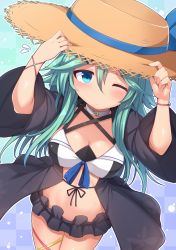Rule 34 | 1girl, ;&lt;, aqua hair, arms up, bikini, black bikini, black ribbon, blue eyes, blue ribbon, blush, breasts, brown hat, checkered background, choker, cleavage, closed mouth, commentary request, cowboy shot, criss-cross halter, from above, front-tie bikini top, front-tie top, gradient background, groin, hair between eyes, halterneck, hands on headwear, hat, hat ribbon, highres, kantai collection, long hair, looking at viewer, looking up, medium breasts, mismatched bikini, open clothes, ribbon, skindentation, sleeves past elbows, snow (gi66gotyo), solo, stomach, straw hat, swimsuit, thighs, very long hair, white bikini, white choker, wide sleeves, wristband, yamakaze (kancolle)