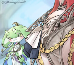 Rule 34 | 1boy, 1girl, artist name, blush, bracelet, breast envy, colored skin, cottondog ouob, fish boy, from side, furry, gem, green horns, jewelry, looking at another, looking at pectorals, meme, nintendo, pectoral envy (meme), pectorals, pout, red skin, sidon, sparkle, the legend of zelda, the legend of zelda: tears of the kingdom, upper body, whistle, yellow eyes, yona (zelda), zora
