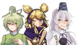 Rule 34 | 3girls, ;), artist request, brown eyes, brown hair, closed mouth, collaboration, commentary request, cross-laced clothes, earmuffs, green eyes, green hair, grey eyes, grey hair, hat, mononobe no futo, multiple girls, one eye closed, pom pom (clothes), ponytail, ribbon-trimmed sleeves, ribbon trim, ritual baton, shionoe, short hair, simple background, smile, soga no tojiko, takana (forsterite), tate eboshi, touhou, toyosatomimi no miko, upper body, white background