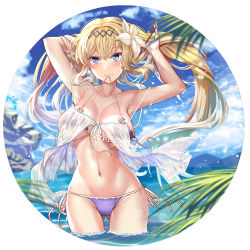 Rule 34 | 1girl, adjusting hair, armpits, arms behind head, arms up, babydoll, bare shoulders, beach, bikini, blonde hair, blue eyes, blue sky, blush, breasts, cleavage, cloud, collarbone, commentary request, day, flower, front-tie bikini top, front-tie top, granblue fantasy, hair flower, hair intakes, hair ornament, hairband, halterneck, hasaya, highres, jeanne d&#039;arc (granblue fantasy), large breasts, lily (flower), long hair, looking at viewer, mouth hold, navel, ocean, outdoors, palm tree, purple bikini, see-through, side-tie bikini bottom, sky, smile, solo, standing, swimsuit, tree, untied bikini, wading, water, wet, white flower