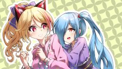 Rule 34 | .live, 2girls, absurdres, animal ears, bangle, blonde hair, blue hair, blush, bow, bracelet, cat ears, character request, darjeeling (reley), fake animal ears, fingernails, floral print, frilled kimono, frills, glowing, grin, hair between eyes, hair bow, hair over one eye, hands on another&#039;s shoulders, hands up, high ponytail, highres, japanese clothes, jewelry, kimono, long hair, long sleeves, looking at another, looking back, multicolored hair, multiple girls, nail polish, nekonoki mochi, obi, open mouth, pink hair, pink kimono, pink nails, ponytail, print kimono, purple bow, purple kimono, red eyes, sash, side ponytail, smile, streaked hair, very long hair, virtual youtuber, wide sleeves, yamatoiori