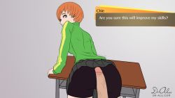 Rule 34 | 1boy, 1girl, ass, bent over, bike shorts, buttjob, buttjob over clothes, dark-skinned male, dark skin, desk, english text, jacket, looking at viewer, looking back, orange hair, penis, persona, persona 4, pleated skirt, satonaka chie, school desk, skirt, tagme, tomboy, track jacket, uncensored