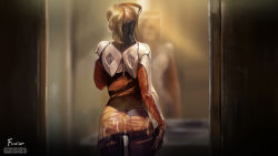 Rule 34 | 1girl, aftersex, blonde hair, bruise, cum, cum on ass, deviantart username, firolian, from behind, gumroad username, halo, highres, injury, mechanical halo, mercy (overwatch), mirror, overwatch, overwatch 1, pantyhose, patreon username, ponytail, skin tight, solo, torn clothes, torn pantyhose