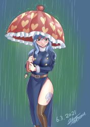 Rule 34 | 1girl, belt, black eyes, black thighhighs, blue hair, breasts, brown thighhighs, dated, dress, fairy tail, feet out of frame, female focus, hair between eyes, heart, highres, juvia lockser, large breasts, leg tattoo, lips, long hair, looking at viewer, mashima hiro, official art, rain, solo, tagme, tattoo, thick thighs, thighhighs, thighs, turtleneck dress, umbrella