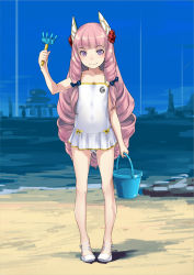 Rule 34 | 1girl, :&gt;, aurora (pso2), beach, black bow, blush, bow, bucket, closed mouth, collarbone, day, drill hair, flat chest, full body, hair bow, hair ornament, highres, holding, long hair, one-piece swimsuit, outdoors, phantasy star, phantasy star online 2, pink hair, purple eyes, rake, shoes, sky, smile, sody, solo, standing, swimsuit, very long hair, white footwear, white one-piece swimsuit