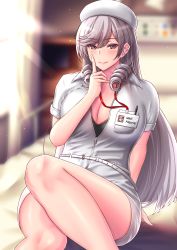 Rule 34 | 1girl, absurdres, algerie (azur lane), alternate costume, azur lane, bad id, bad pixiv id, belt, blush, breasts, chin gero, cleavage, commentary, commentary request, earrings, hat, highres, jewelry, looking at viewer, mole, mole under eye, name tag, nurse, purple eyes, silver hair, sitting, smile, solo