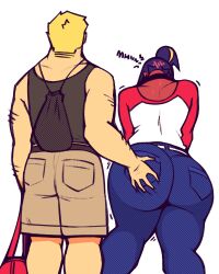 Rule 34 | 1boy, 1girl, absurdres, ass, ass grab, cdlum, colored skin, denim, from behind, grabbing another&#039;s ass, highres, huge ass, interspecies, jeans, pants, red skin, shorts, standing, thick thighs, thighs, wide hips