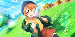 Rule 34 | 1girl, ;), absurdres, artist name, artist request, beanie, black legwear, blue hat, blue sky, bottle, branch, breasts, brown skirt, cloud, day, female focus, grass, green eyes, green jacket, hair between eyes, hat, highres, holding, holding bottle, hoshizora rin, jacket, long sleeves, looking at viewer, love live!, love live! school idol festival, love live! school idol festival all stars, love live! school idol project, miniskirt, one eye closed, orange hair, outdoors, parted lips, plaid, plaid skirt, pleated, pleated skirt, rin&#039;s studio (love live!), short hair, skirt, sky, smile, solo, sweater, tree, turtleneck, turtleneck sweater, water bottle, wink, yellow eyes, yellow sweater, zipper, zipper pull tab