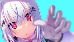 Rule 34 | 1girl, :o, absurdres, black shirt, blue background, blurry, blurry foreground, collared shirt, commentary request, depth of field, dutch angle, gloves, grey hair, hair between eyes, hair ornament, hairclip, hakase fuyuki, hand up, highres, long hair, long sleeves, looking at viewer, nijisanji, parted lips, red eyes, sakuya tsuitachi, shirt, simple background, solo, upper body, virtual youtuber, white gloves