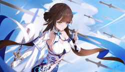 Rule 34 | 1girl, absurdres, bare shoulders, blue sky, breasts, brown eyes, brown hair, chinese clothes, cleavage, cleavage cutout, closed mouth, clothing cutout, cloud, cloudy sky, elbow gloves, fingerless gloves, gloves, hair ornament, highres, holding, holding sword, holding weapon, honkai (series), honkai impact 3rd, li sushang, li sushang (jade knight), long hair, looking at viewer, ooo wange, sky, sleeveless, solo, sword, weapon, white gloves