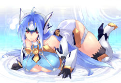 Rule 34 | 00s, 1girl, absurdres, bare shoulders, blue hair, breasts, female focus, gradient background, highres, kos-mos, kos-mos ver. 4, large breasts, long hair, looking at viewer, negresco, red eyes, solo, striped, striped background, underboob, xenosaga