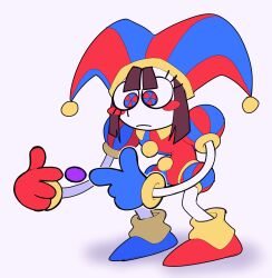 Rule 34 | 1girl, :&lt;, full body, galactabee, gloves, hat, highres, index finger raised, jester, jester cap, multicolored eyes, pomni (the amazing digital circus), short hair, the amazing digital circus, toon (style)