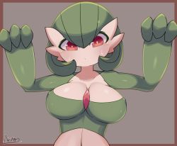Rule 34 | 1girl, absurdres, arms up, artist name, bad id, bad pixiv id, blush, bob cut, border, breasts, brown background, brown border, closed mouth, collarbone, colored skin, covered erect nipples, creatures (company), female focus, game freak, gardevoir, gen 3 pokemon, green hair, green skin, hair between eyes, highres, large breasts, looking down, multicolored skin, nintendo, outside border, pokemon, pokemon (creature), red eyes, ryuusui arumo, shiny skin, short hair, signature, simple background, solo, sweat, two-tone skin, upper body, white skin