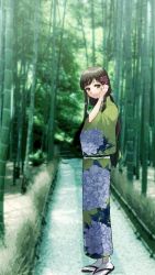 Rule 34 | 1girl, bamboo, bamboo forest, black hair, blunt bangs, blunt ends, floral print, flower, forest, full body, green kimono, hair flower, hair ornament, tucking hair, highres, idolmaster, idolmaster cinderella girls, japanese clothes, kimono, kingxxmani, kobayakawa sae, long hair, looking at viewer, nature, outdoors, photo background, print kimono, solo, straight hair, wide sleeves