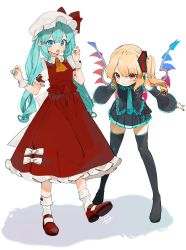 Rule 34 | 2girls, aqua eyes, aqua hair, aqua nails, aqua necktie, artist name, ascot, bad id, bad twitter id, bare shoulders, black footwear, black shirt, black skirt, blonde hair, blush, bobby socks, boots, bow, commentary, cosplay, costume switch, crossover, detached sleeves, flandre scarlet, flandre scarlet (cosplay), frilled shirt collar, frills, full body, gotou (nekocat), hands up, hat, hat bow, hatsune miku, hatsune miku (cosplay), highres, leaning forward, long hair, long sleeves, looking at viewer, mary janes, miniskirt, mob cap, multiple girls, nail polish, necktie, one side up, open mouth, petticoat, pleated skirt, pointy ears, puffy short sleeves, puffy sleeves, red bow, red eyes, red footwear, red nails, red skirt, red vest, shirt, shoes, short sleeves, shoulder tattoo, signature, simple background, skirt, skirt set, sleeveless, sleeveless shirt, smile, socks, tattoo, thigh boots, thighhighs, touhou, twintails, very long hair, vest, vocaloid, white background, white headwear, white legwear, white shirt, wide sleeves, wings, wrist cuffs, yellow neckwear, zettai ryouiki