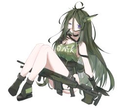 Rule 34 | 1girl, absurdres, apex legends, black gloves, boots, breasts, cowlick, d-101 longbow, foregrip, gloves, green footwear, green hair, green shirt, green shorts, gun, headset, high-waist shorts, highres, long hair, medium breasts, one eye closed, open mouth, personification, qiu ri, rifle, shirt, shirt tucked in, shorts, sitting, sniper rifle, solo, very long hair, weapon, white background, yawning