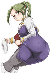 Rule 34 | 10s, 1girl, ass, back-seamed legwear, bent over, beret, black pantyhose, blue dress, book, boots, closed mouth, cross ange, dress, dutch angle, emma bronson, glasses, green hair, hair bobbles, hair bun, hair ornament, hat, highres, holding, holding book, holding clothes, holding hat, knee boots, long sleeves, looking at viewer, looking back, military, military uniform, pantyhose, pantylines, red-framed eyewear, red eyes, seamed legwear, short dress, short ponytail, simple background, single hair bun, solo, standing, uniform, unworn hat, unworn headwear, wan&#039;yan aguda, white background, white footwear, white hat