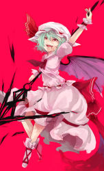 Rule 34 | 1girl, aqua hair, bat wings, blood, blood on face, dress, female focus, frea, hat, hat ribbon, holding, polearm, red background, red eyes, remilia scarlet, ribbon, solo, spear, spear the gungnir, touhou, weapon, wings, wrist cuffs
