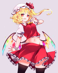 Rule 34 | ascot, blonde hair, collared shirt, crystal, fang, flandre scarlet, frilled shirt collar, frilled skirt, frilled sleeves, frills, hat, highres, medium hair, mob cap, one side up, puffy short sleeves, puffy sleeves, raptor7, red eyes, red skirt, red vest, shirt, short sleeves, skirt, skirt set, slit pupils, touhou, vest, white hat, white shirt, wings, wrist cuffs, yellow ascot