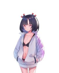 Rule 34 | 1girl, bikini, black bikini, black hair, blunt bangs, blush, breasts, commentary request, cowboy shot, hairband, hands in pockets, highres, himejima esumi, jacket, jitomi monoe, looking at viewer, magnet, navel, open clothes, open jacket, pink eyes, short hair, simple background, small breasts, solo, swimsuit, virtual youtuber, voms, white background