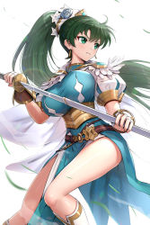 Rule 34 | 1girl, belt, blue dress, breasts, brown belt, cape, commentary request, dress, earrings, feet out of frame, fire emblem, fire emblem: the blazing blade, gonzarez, green eyes, green hair, highres, holding, holding sword, holding weapon, jewelry, large breasts, long hair, lyn (fire emblem), nintendo, parted lips, pelvic curtain, ponytail, puffy short sleeves, puffy sleeves, scabbard, sheath, short sleeves, solo, sword, thighs, unsheathing, very long hair, weapon, white cape