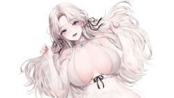 Rule 34 | 1girl, absurdres, babydoll, bare shoulders, black ribbon, blue eyes, breasts, breasts apart, choker, collarbone, commentary request, detached sleeves, frilled choker, frills, from above, gem, hair ribbon, halterneck, highres, korean commentary, large breasts, lillly, long hair, lying, navel, on back, original, parted bangs, plunging neckline, ribbon, see-through, see-through shirt, simple background, smile, solo, stuffed animal, stuffed toy, teeth, tongue, upper body, upper teeth only, white background, white choker, white hair