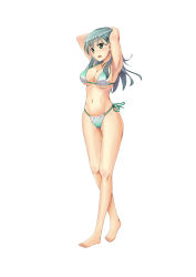 Rule 34 | 10s, 1girl, armpits, arms behind head, arms up, barefoot, bikini, blush, breasts, cleavage, covered erect nipples, full body, green eyes, green hair, highres, kantai collection, long hair, matching hair/eyes, navel, open mouth, side-tie bikini bottom, simple background, skyrail, solo, standing, string bikini, suzuya (kancolle), swimsuit, underboob, white background
