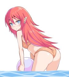 Rule 34 | 1girl, ass, ball, beachball, bikini, blue eyes, blush, breasts, closed mouth, cougar (cougar1404), earrings, hair between eyes, jewelry, long hair, looking at viewer, looking back, orange bikini, partially submerged, pointy ears, red hair, rune factory, rune factory 3, simple background, solo, swimsuit, toona, wading, wedgie, white background