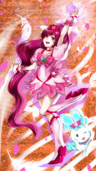Rule 34 | 10s, 1girl, absurdres, boots, bow, brooch, cherry blossoms, chypre (heartcatch precure!), cure blossom, dress, hanasaki tsubomi, heart, heart brooch, heartcatch precure!, highres, knee boots, long hair, magical girl, open mouth, petals, pink bow, pink eyes, pink hair, ponytail, precure, ribbon, rikune, smile, standing, standing on one leg, wrist cuffs