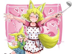 Rule 34 | 2girls, :d, animal ears, apron, blonde hair, blue skirt, blush, commentary request, doitsuken, dress, fang, fox ears, fox tail, green eyes, green shirt, heart, highres, holding, jewelry, ladle, looking at another, looking at viewer, mother and daughter, multiple girls, one eye closed, open mouth, original, outstretched arms, parted lips, pink background, pink dress, pink eyes, reaching, reaching towards viewer, ring, shirt, short sleeves, skirt, smile, standing, tail, wedding band
