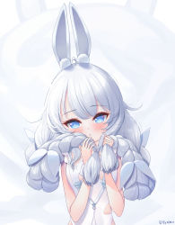 Rule 34 | 1girl, absurdres, animal ears, azur lane, blue eyes, blush, braid, breasts, cleavage, commentary request, elsynien, fake animal ears, hair between eyes, highres, le malin (azur lane), le malin (listless lapin) (azur lane), leotard, long hair, looking at viewer, low twintails, official alternate costume, parted lips, playboy bunny, rabbit ears, sidelocks, simple background, solo, symbol-shaped pupils, twin braids, twintails, white hair, white leotard
