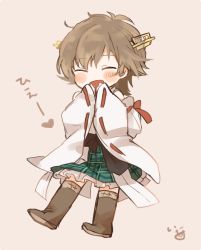 Rule 34 | 1girl, :d, bare shoulders, black sash, blush, boots, brown hair, brown thighhighs, closed eyes, commentary, covering own mouth, detached sleeves, frilled skirt, frills, full body, hairband, headgear, heart, hiei (kancolle), ina (1813576), japanese clothes, kantai collection, kimono, long sleeves, messy hair, nontraditional miko, open mouth, ribbon-trimmed sleeves, ribbon trim, sash, short hair, signature, simple background, skirt, smile, solo, thigh boots, thighhighs, translated, white kimono, wide sleeves