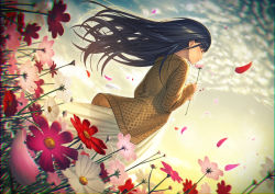 Rule 34 | 1girl, aran sweater, black hair, blurry, brown sweater, cable knit, chromatic aberration, closed eyes, closed mouth, cloud, daisy, dress, field, fisheye, flower, flower field, from side, hands up, holding, holding flower, long hair, long sleeves, original, outdoors, petals, sky, smelling flower, solo, standing, sweater, unowen, upper body, white dress, wind