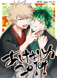 Rule 34 | 2boys, bakugou katsuki, blonde hair, boku no hero academia, border, clenched hand, floral background, floral print, freckles, green eyes, green hair, highres, japanese clothes, looking at viewer, male focus, midoriya izuku, multiple boys, open mouth, orange eyes, outline, spiked hair, twitter username, ume (326310), v-shaped eyebrows, white border, white outline