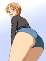 Rule 34 | 1girl, aiai, ass, bare legs, black eyes, black shirt, blush, cowboy shot, denim, from behind, gradient background, legs, long sleeves, looking back, nami (one piece), one piece, open mouth, orange hair, shirt, short hair, short shorts, shorts, simple background, solo, standing, sweat, sweatdrop, thighs