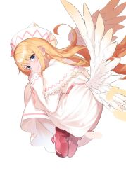 Rule 34 | 1girl, absurdres, blonde hair, blue eyes, capelet, dress, fairy, feathered wings, full body, highres, knees to chest, lily white, long hair, looking at viewer, low wings, mary janes, ninjin no nankotsu, pantyhose, shoes, simple background, solo, touhou, white background, white capelet, white dress, white headwear, white pantyhose, wings