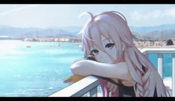 Rule 34 | 1girl, absurdres, andoplus, black border, black shirt, blue eyes, border, day, hair between eyes, highres, ia (vocaloid), leaning forward, lens flare, letterboxed, long hair, looking at viewer, nail polish, ocean, off-shoulder shirt, off shoulder, outdoors, red nails, shirt, silver hair, solo, upper body, vocaloid