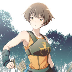 Rule 34 | 1girl, :o, armor, arrow (projectile), bare shoulders, breastplate, brown eyes, brown hair, commentary, dorothy (fire emblem), fire emblem, fire emblem: the binding blade, gloves, ham pon, highres, holding, holding arrow, nintendo, orange shirt, quiver, serious, shirt, short hair, sleeveless, sleeveless shirt, solo, tree, upper body, weapon