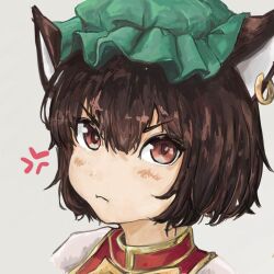 Rule 34 | 1girl, :i, anger vein, animal ear piercing, animal ears, brown eyes, brown hair, cat ears, chen, closed mouth, commentary request, dot nose, double-parted bangs, earrings, frills, glaring, gold trim, green hat, grey background, hair between eyes, hat, highres, jewelry, kon46965230, light frown, looking at viewer, mob cap, portrait, pout, short hair, simple background, single earring, solo, touhou, v-shaped eyebrows